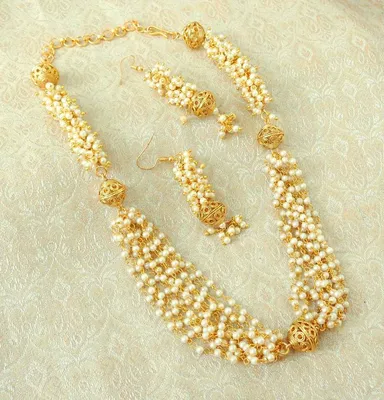 Brass Long Pearl Necklace with Earrings | Wedding & Festive Jewellery Set for Women | Designer Bridal Jewellery thumbnail 0
