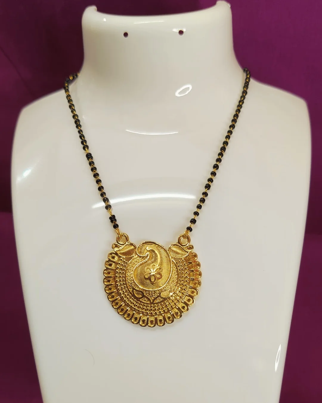 Gold Plated Peacock Design Mangalsutra with Black Beaded Chain image 1