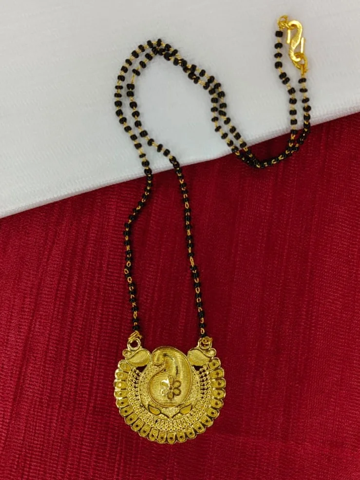 Gold Plated Peacock Design Mangalsutra with Black Beaded Chain image 2