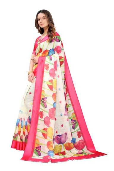 Floral Print Linen Saree | White & Multicolour Tulip Design| Pink Border| Lightweight Traditional Women’s Wear | Best Saree for Summer & Party Wear thumbnail 0