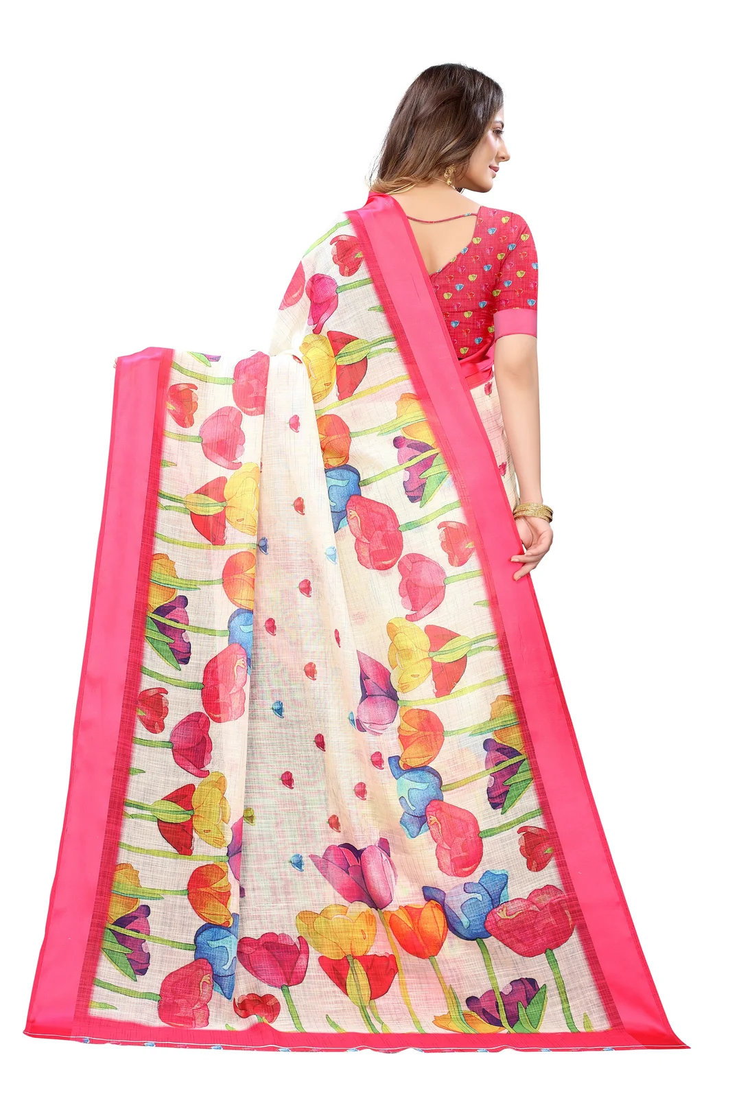 Floral Print Linen Saree | White & Multicolour Tulip Design| Pink Border| Lightweight Traditional Women’s Wear | Best Saree for Summer & Party Wear image 2