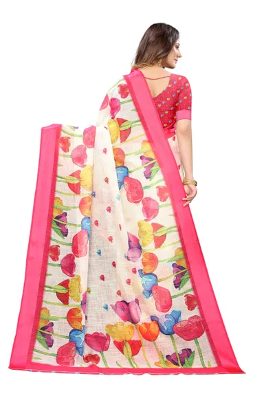 Floral Print Linen Saree | White & Multicolour Tulip Design| Pink Border| Lightweight Traditional Women’s Wear | Best Saree for Summer & Party Wear thumbnail 1