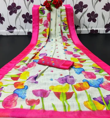 Floral Print Linen Saree | White & Multicolour Tulip Design| Pink Border| Lightweight Traditional Women’s Wear | Best Saree for Summer & Party Wear thumbnail 2