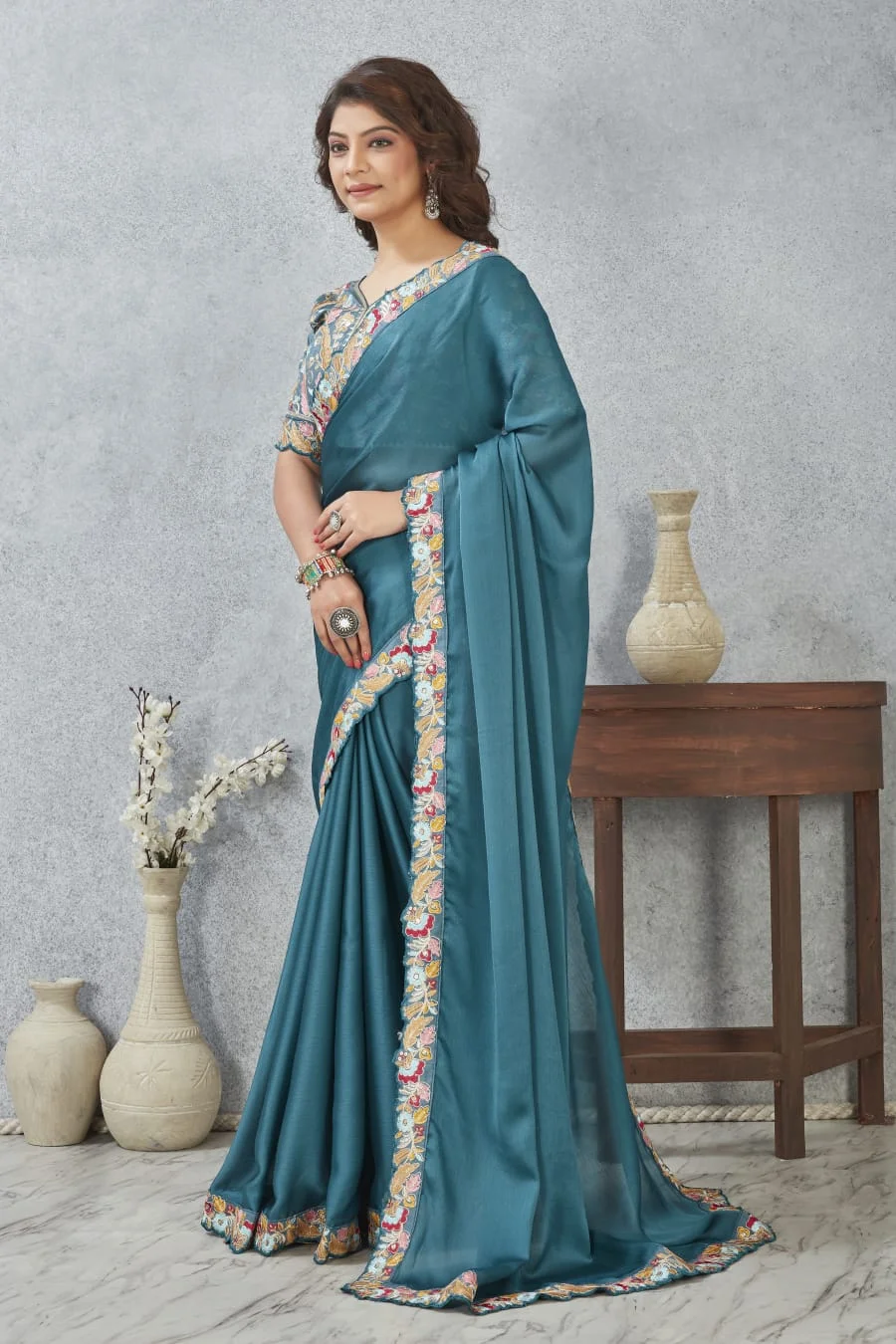 Banarasi Teal Blue Silk Saree | Embroidered Zari Border| Designer Blouse Piece | Wedding Festive Wear image 3