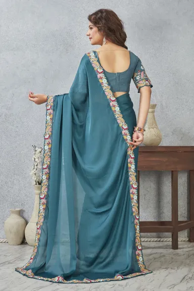 Banarasi Teal Blue Silk Saree | Embroidered Zari Border| Designer Blouse Piece | Wedding  Festive Wear thumbnail 1
