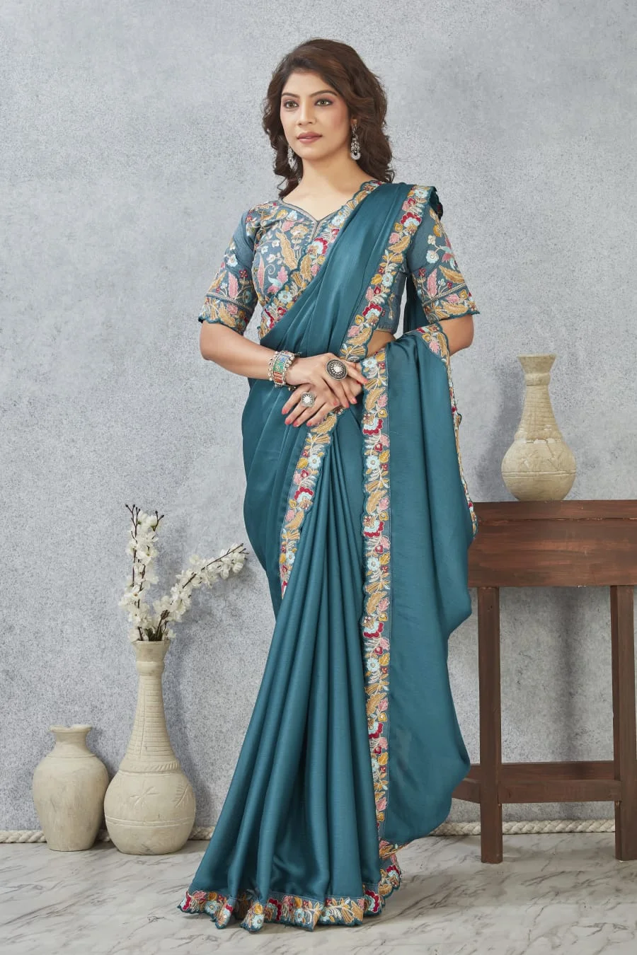 Banarasi Teal Blue Silk Saree | Embroidered Zari Border| Designer Blouse Piece | Wedding Festive Wear image 1
