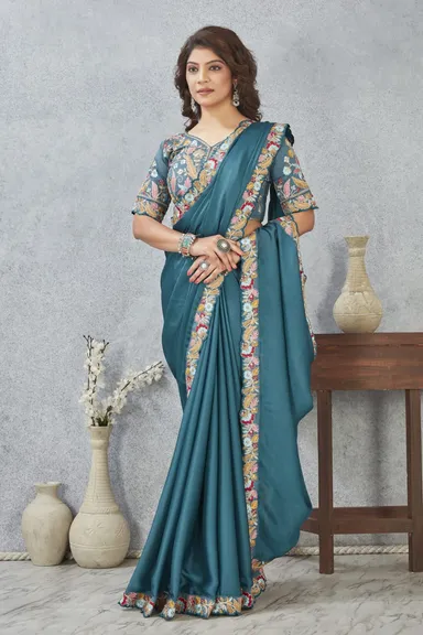 Banarasi Teal Blue Silk Saree | Embroidered Zari Border| Designer Blouse Piece | Wedding  Festive Wear thumbnail 0