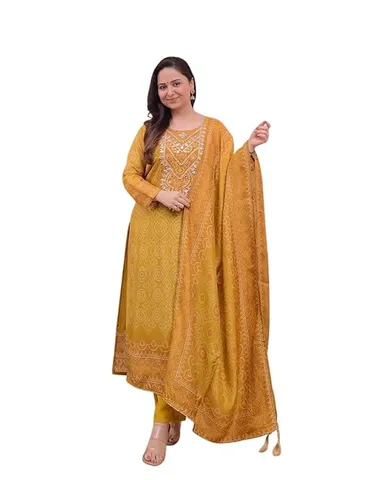 Women’s Silk Embroidered Straight Kurti Set | Pant & Dupatta | Party, Festive & Office Wear|Size L thumbnail 0