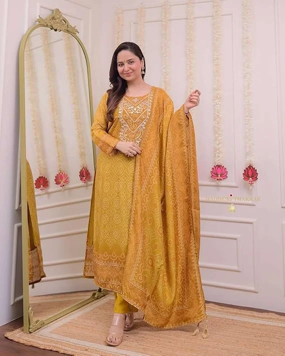 Women’s Silk Embroidered Straight Kurti Set | Pant & Dupatta | Party, Festive & Office Wear|Size L image 2