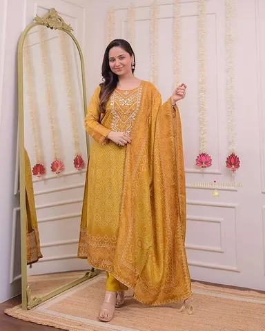 Women’s Silk Embroidered Straight Kurti Set | Pant & Dupatta | Party, Festive & Office Wear|Size L thumbnail 1