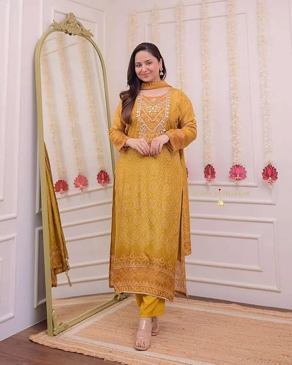 Women’s Silk Embroidered Straight Kurti Set | Pant & Dupatta | Party, Festive & Office Wear|Size L image 5