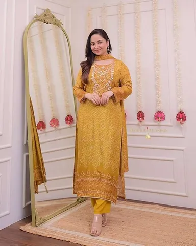 Women’s Silk Embroidered Straight Kurti Set | Pant & Dupatta | Party, Festive & Office Wear|Size L thumbnail 4