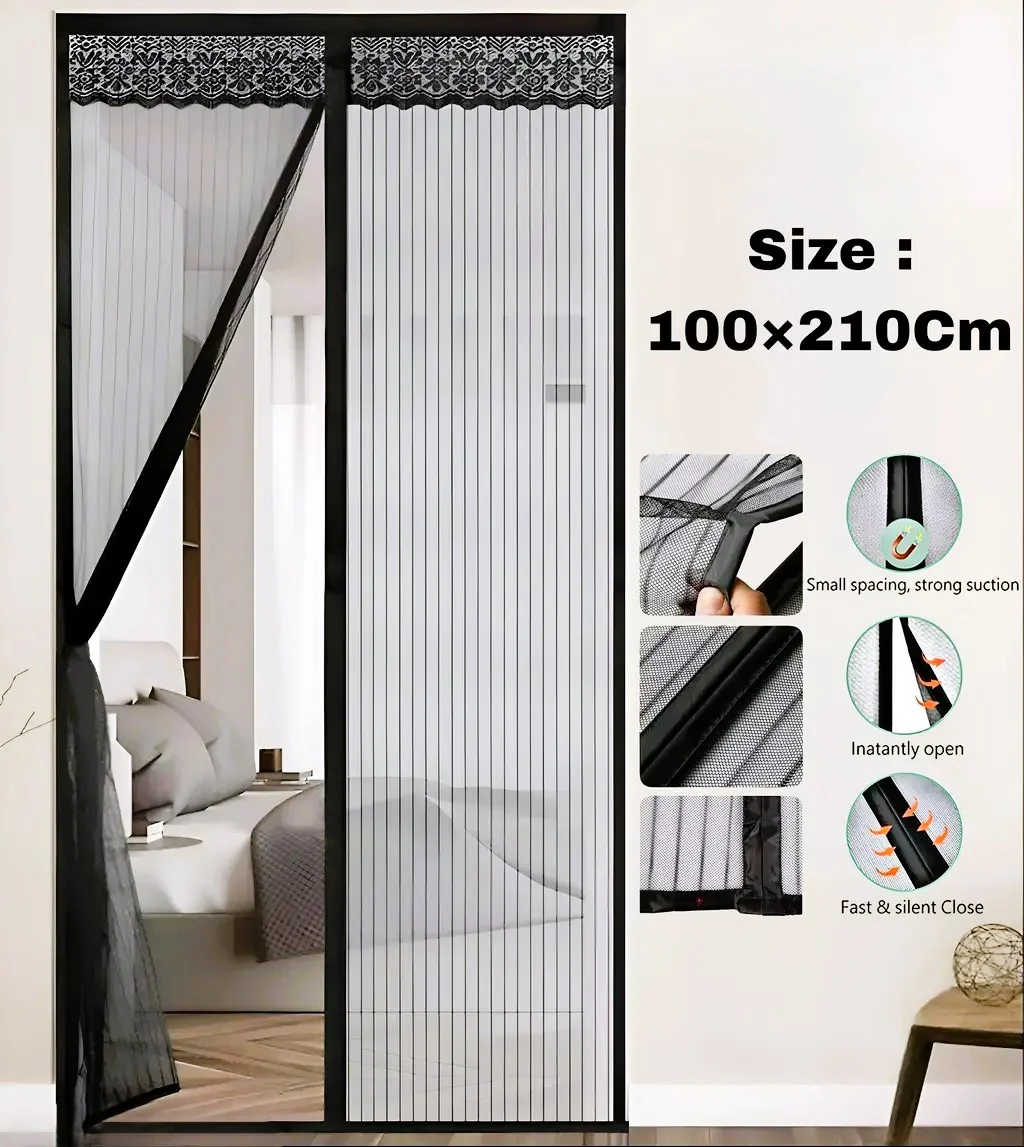 Magnetic Polyester Mosquito Net for Door | 100x210cm Black | Insect-proof Curtain | Magic Mesh | Magnetic Door Net image 1