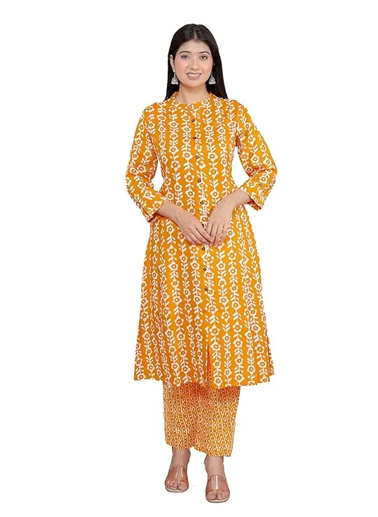 Women’s Cotton Floral Printed | A-Line Kurti with Pant | Mandarin Collar Casual & Office Wear | XXL Size image 1