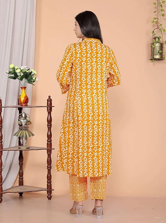 Women’s Cotton Floral Printed | A-Line Kurti with Pant | Mandarin Collar Casual & Office Wear | XXL Size image 2