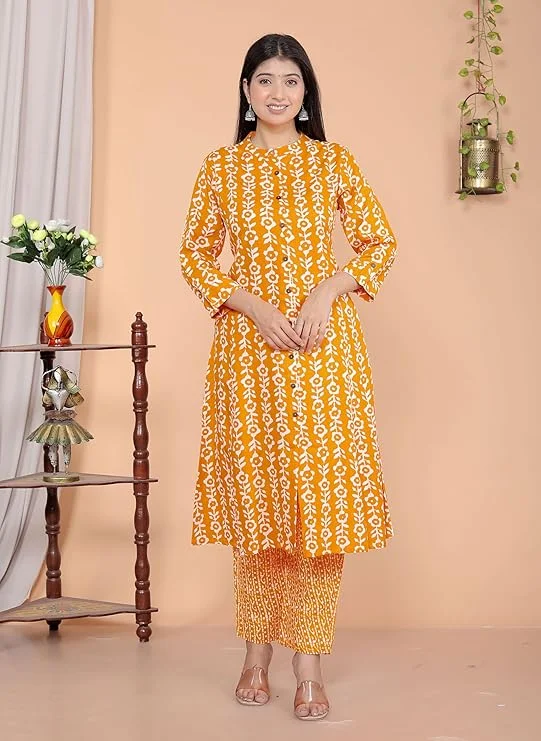 Women’s Cotton Floral Printed | A-Line Kurti with Pant | Mandarin Collar Casual & Office Wear | XXL Size image 4