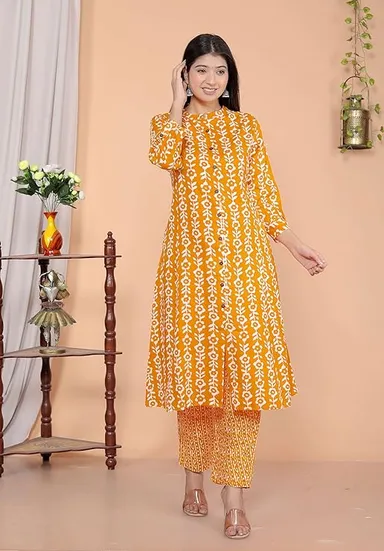 Women’s Cotton Floral Printed | A-Line Kurti with Pant | Mandarin Collar Casual & Office Wear | XXL Size thumbnail 4