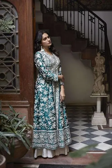 Women’s Cotton Embroidered A-line Kurti with Palazzo Set  | Casual| Summer & Office Wear| Size M thumbnail 1