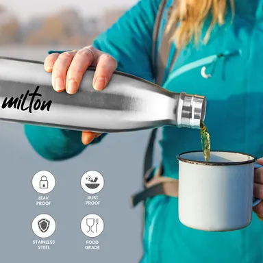Milton Shine 1000 Stainless Steel Water Bottle 870 ml Single Walled Leakproof Rust-Free Silver Travel Bottle with Easy Grip thumbnail 2