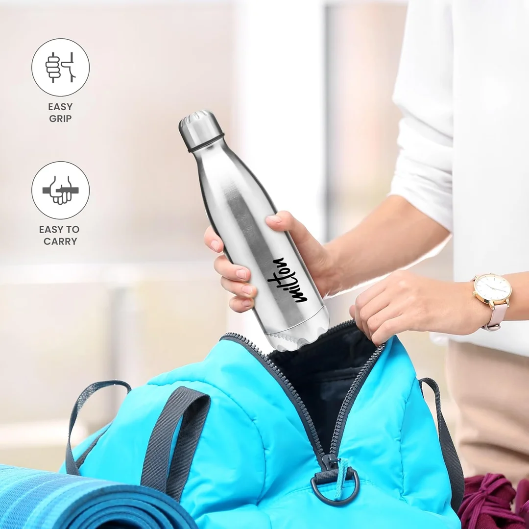 Milton Shine 1000 Stainless Steel Water Bottle 870 ml Single Walled Leakproof Rust-Free Silver Travel Bottle with Easy Grip image 5