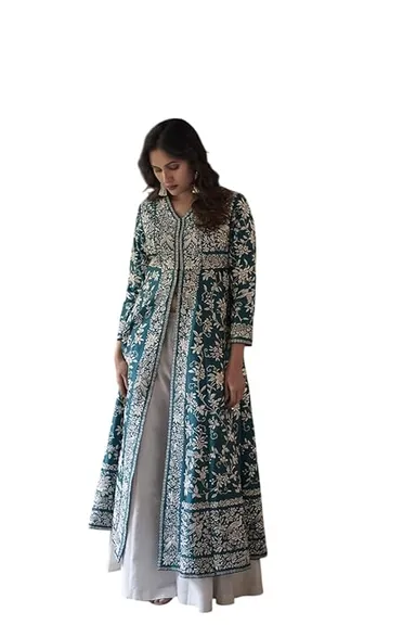Cotton embroidered A-line kurti palazzo set women | Green summer casual| office ready| Size XXL thumbnail 0