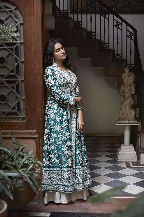 Cotton embroidered A-line kurti palazzo set women | Green summer casual| office ready| Size XXL image 2