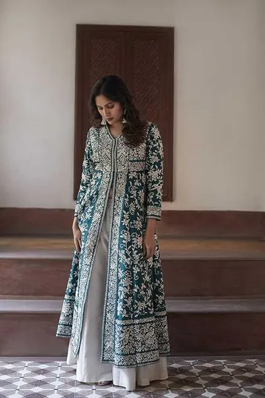 Cotton embroidered A-line kurti palazzo set women | Green summer casual| office ready| Size XXL thumbnail 2