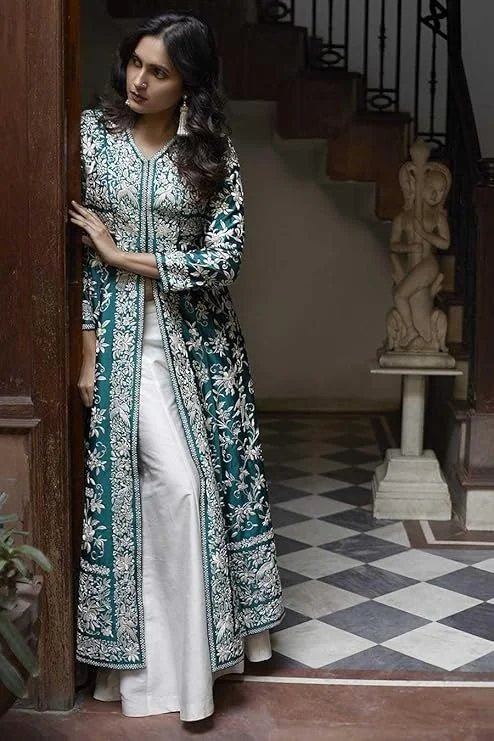 Cotton embroidered A-line kurti palazzo set women | Green summer casual| office ready| Size XXL image 4