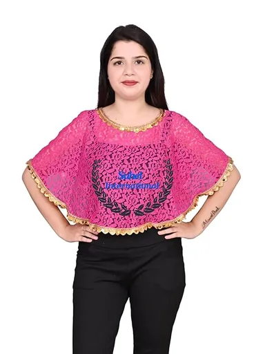 Women’s Net Lace Poncho | Golden Lace Stylish Cape| Trendy Shrugs| Regular Fit | Pink Colour Party & Casual Wear