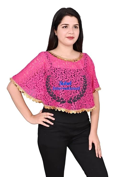 Women’s Net Lace Poncho | Golden Lace Stylish Cape| Trendy Shrugs| Regular Fit | Pink Colour Party & Casual Wear image 2