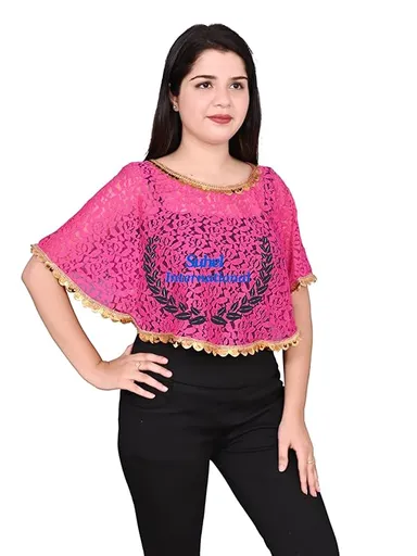 Women’s Net Lace Poncho | Golden Lace Stylish Cape| Trendy Shrugs| Regular Fit | Pink Colour Party & Casual Wear thumbnail 1