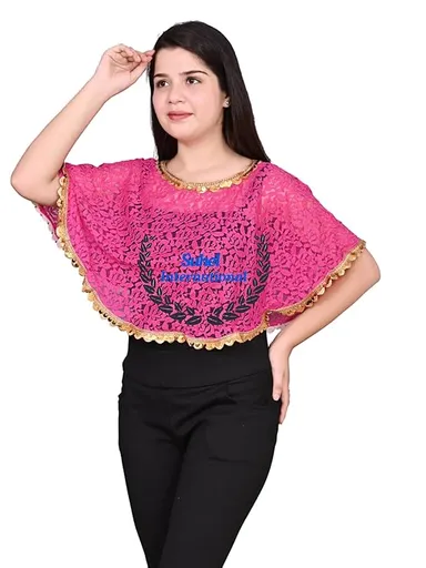 Women’s Net Lace Poncho | Golden Lace Stylish Cape| Trendy Shrugs| Regular Fit | Pink Colour Party & Casual Wear thumbnail 2