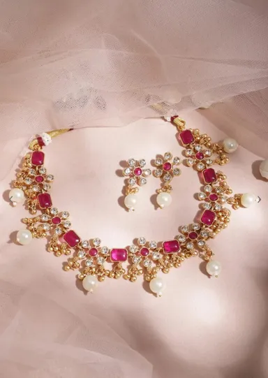 Traditional Maroon Kundan Necklace Set | Bridal Jewellery with Earrings | Wedding Choker | Party Wear Necklace for Women thumbnail 0