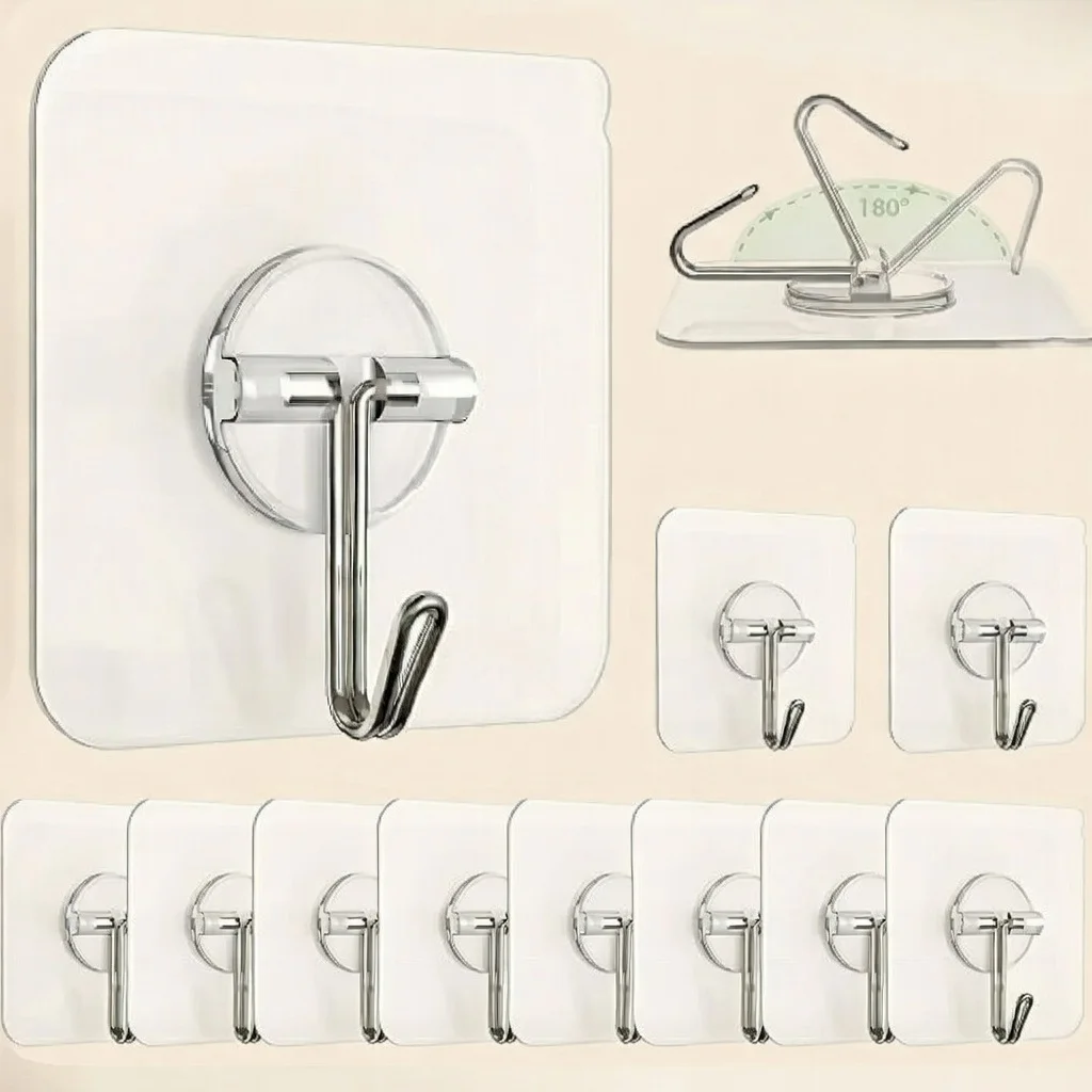 10 Pcs Heavy Duty Self Adhesive Stainless Steel Wall Hooks Transparent Waterproof Nail Free Hanging Hooks for Kitchen Bathroom Towel Keys Photo Frames image 2