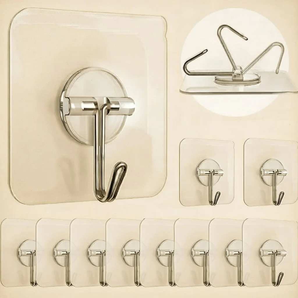10 Pcs Heavy Duty Self Adhesive Stainless Steel Wall Hooks Transparent Waterproof Nail Free Hanging Hooks for Kitchen Bathroom Towel Keys Photo Frames image 1