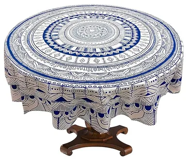 Cotton Ethnic Blue & White Mandala Round Tablecloth | Cotton Decorative Table Cover | 65 Inch | 4–10 Seater thumbnail 0