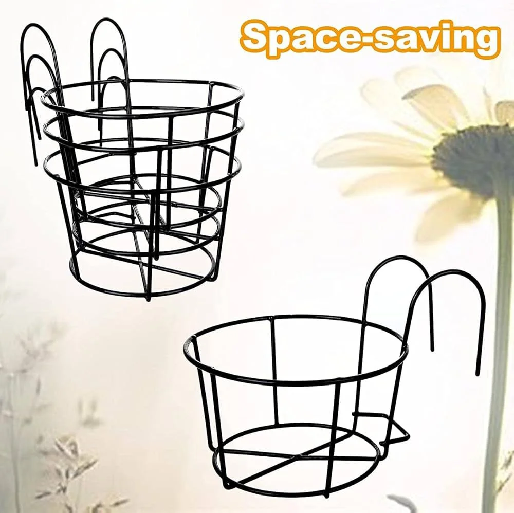 Set of 4 Balcony Railing Planter Holders | Space Saving Iron Flower Pot Stands | Vertical Garden Solution image 3