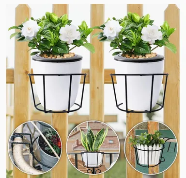 Set of 4 Balcony Railing Planter Holders | Space Saving Iron Flower Pot Stands | Vertical Garden Solution thumbnail 1