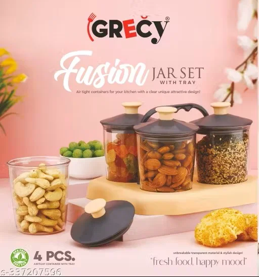 Air Tight Fusion 4 Pic Jar Set | Kitchen Storage Containers | Pickle Jar Set | Plastic Masala Jars With Tray Handle image 1