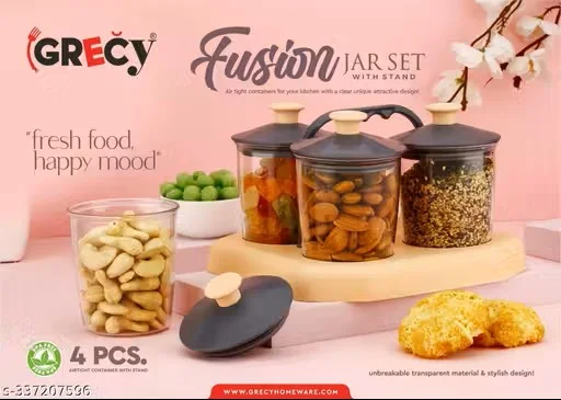 Air Tight Fusion 4 Pic Jar Set | Kitchen Storage Containers | Pickle Jar Set | Plastic Masala Jars With Tray Handle image 4