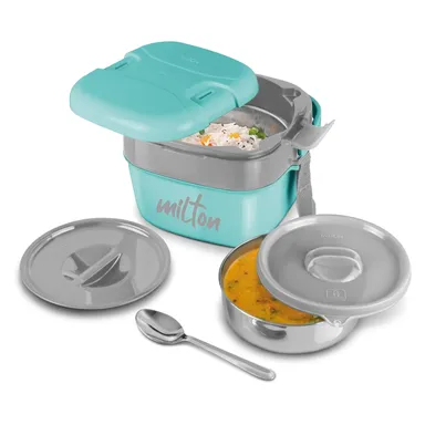 Milton Tiffin Box | 800 ml Small Stainless Steel, PU Insulated, Leak-Proof, Aqua Green for Office & School thumbnail 0