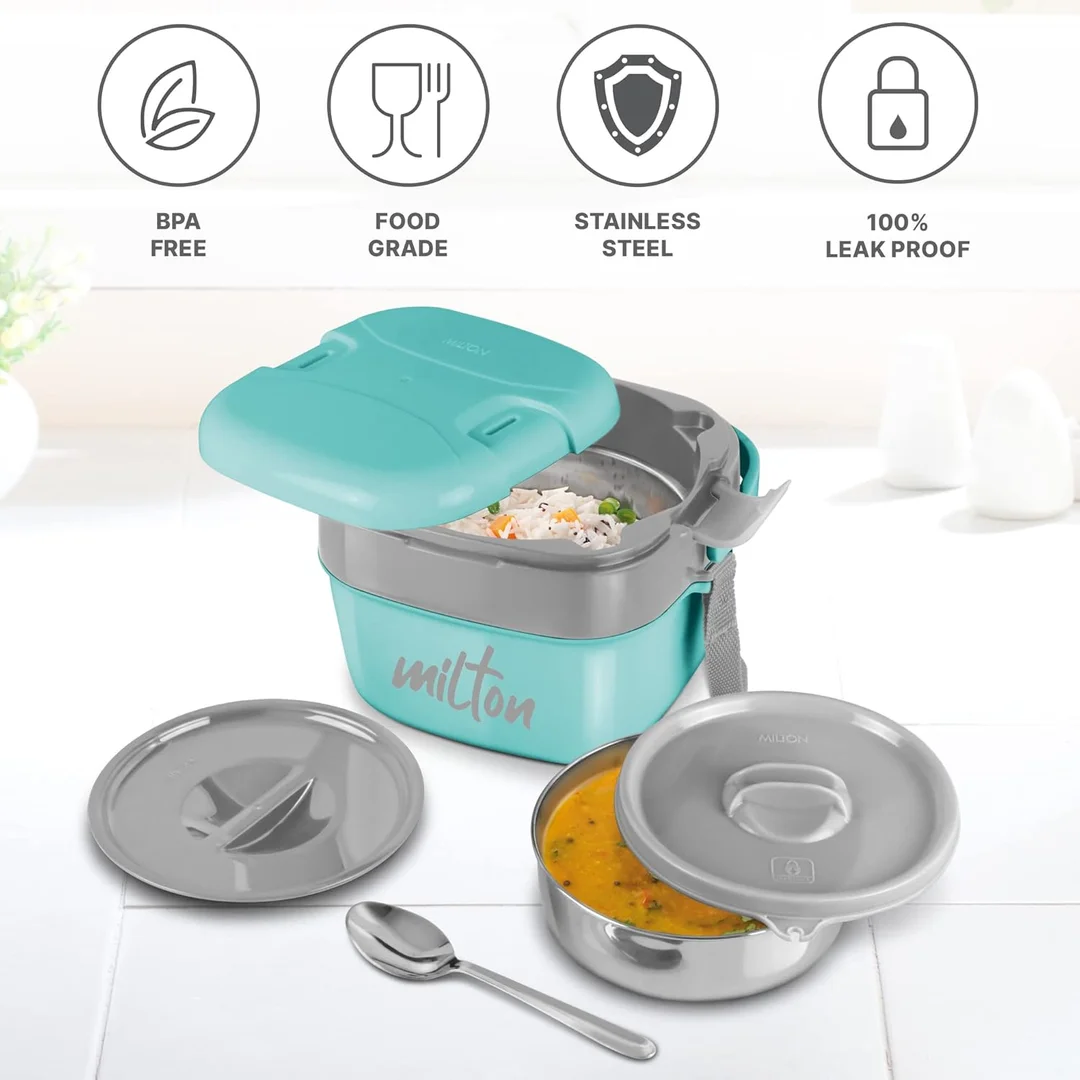 Milton Tiffin Box | 800 ml Small Stainless Steel, PU Insulated, Leak-Proof, Aqua Green for Office & School image 3