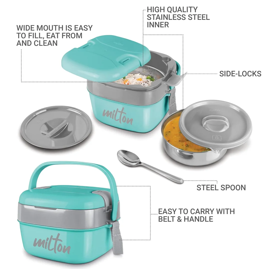 Milton Tiffin Box | 800 ml Small Stainless Steel, PU Insulated, Leak-Proof, Aqua Green for Office & School image 4