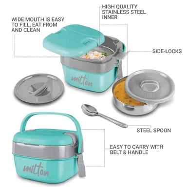 Milton Tiffin Box | 800 ml Small Stainless Steel, PU Insulated, Leak-Proof, Aqua Green for Office & School thumbnail 3