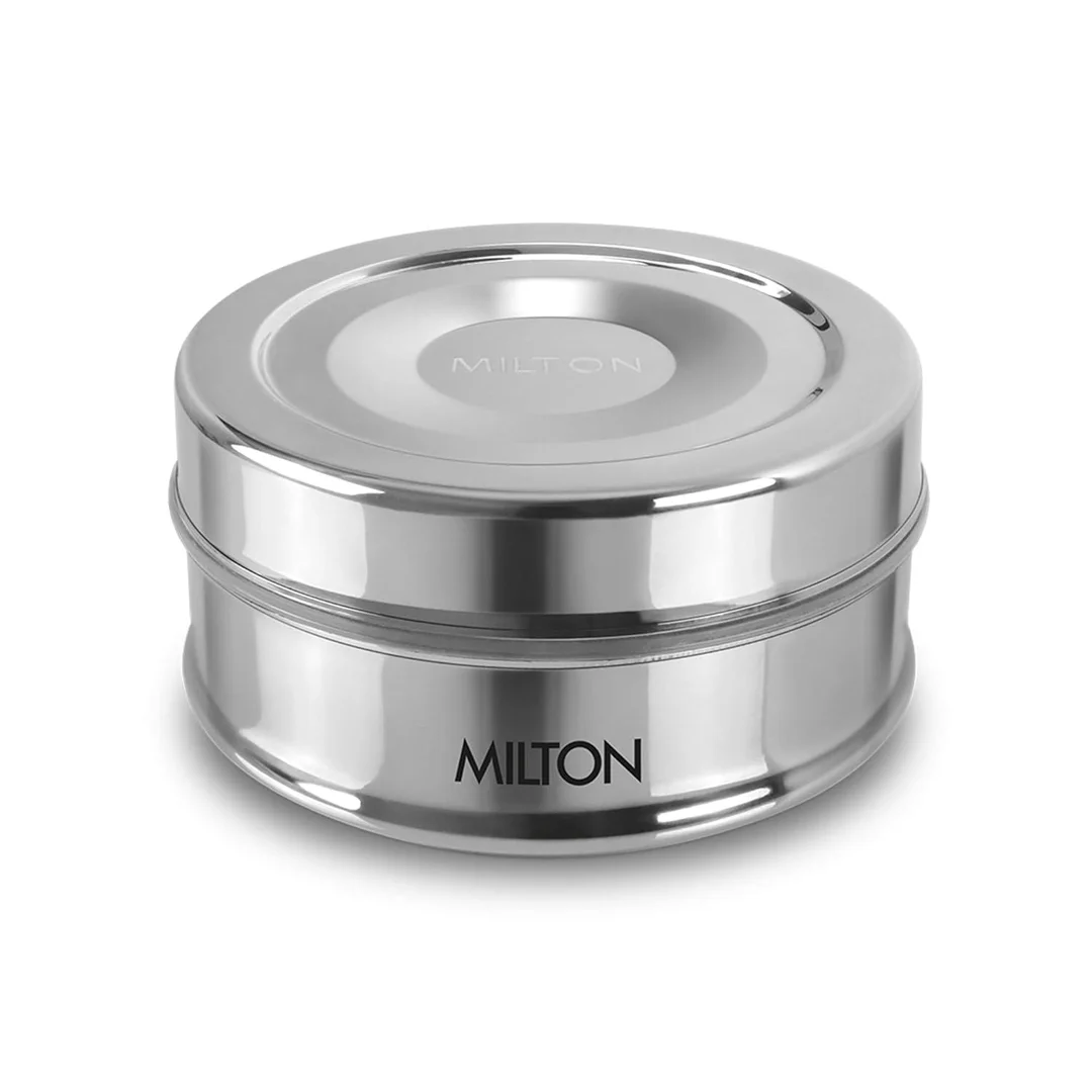 Milton Stainless Steel Snack Tiffin 480 ml Small Round Lunch Box Premium Food-Grade Leak-Proof Steel Container for Office School image 1