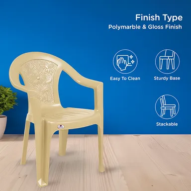 Premium Stackable Plastic Chair With Armrest for Living Room | Outdoor | Durable Marble Beige Seating | Comfortable Home Garden Patio Dining Chair thumbnail 3