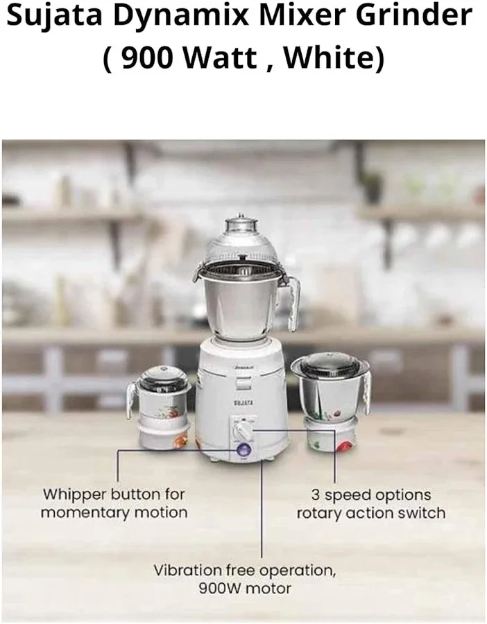 Sujata Dynamix 900W Mixer Grinder with 3 Stainless Steel Jars 1500ml 1000ml 500ml 22000 RPM 90 Minutes Continuous Heavy Duty Kitchen image 3