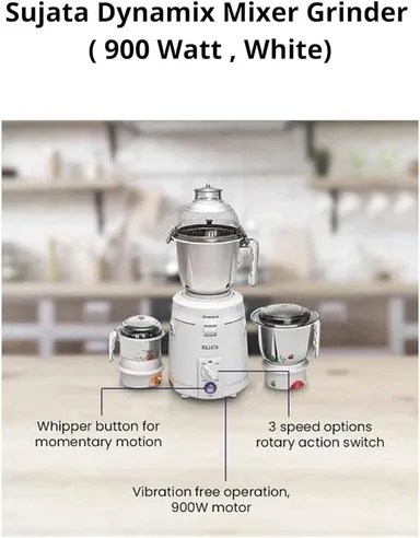 Sujata Dynamix 900W Mixer Grinder with 3 Stainless Steel Jars 1500ml 1000ml 500ml 22000 RPM 90 Minutes Continuous Heavy Duty Kitchen thumbnail 2