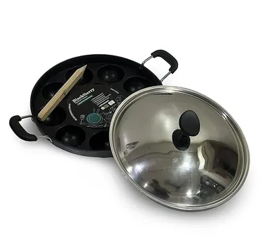 Black Berry 12 Cavity Non Stick Appam Patra 23 cm with Stainless Steel Lid, Dual Handle Paniyarakkal, Multipurpose Appe Litti Grill Pan thumbnail 1