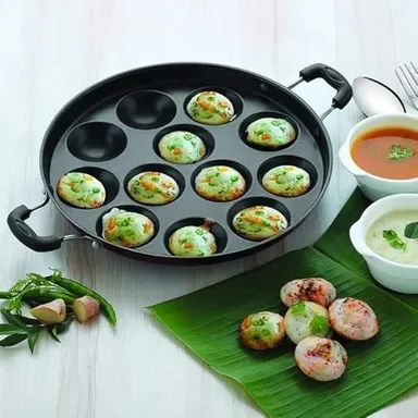 Black Berry 12 Cavity Non Stick Appam Patra 23 cm with Stainless Steel Lid, Dual Handle Paniyarakkal, Multipurpose Appe Litti Grill Pan thumbnail 4
